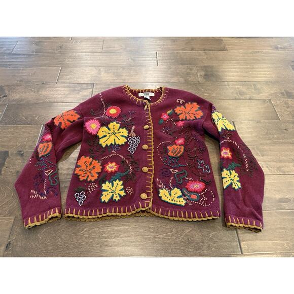 Vtg 80s Segue Womens Maroon Floral Embroidery Button Up Sweater Size M Medium - Picture 2 of 8
